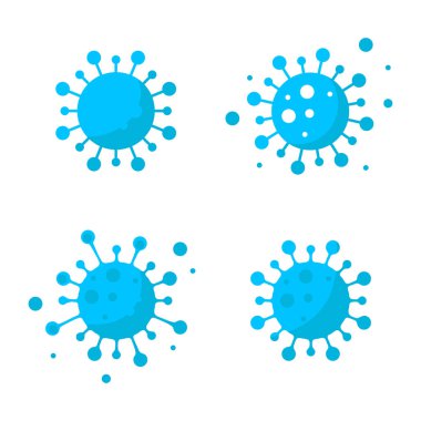 Koronavirüs şekilleri koleksiyonu. Beyaz zemin üzerinde 2019 nCoV siluet, bakteri, mikrop veya hücre seti. COVID-19 soyut dekoratif ikonlar, karikatür tarzı. Vektör illüstrasyonu.