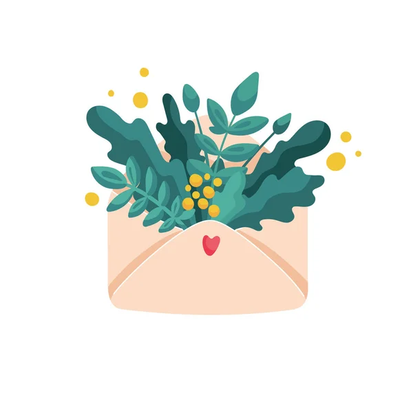 Ramo Plantas Exuberantes Flores Amarillas Sobre Con Pequeño Corazón Ilustración — Vector de stock