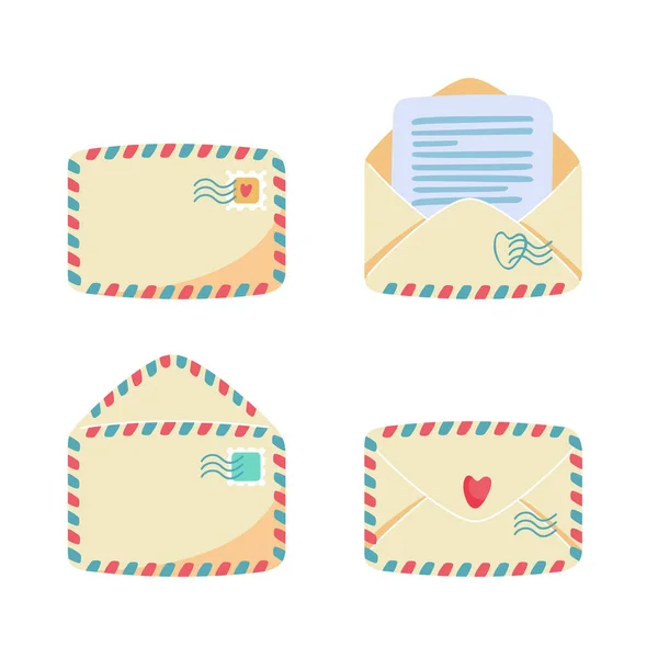 Collection Paper Envelopes Air Mail Stripes Open Closed Front Back — Stock Vector