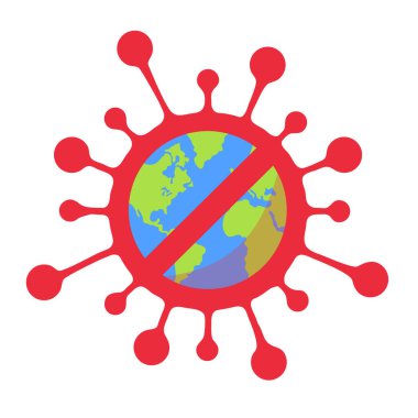 Coronavirus salgını kıyamet konsepti. Roman Corona virüsü salgını tüm dünyada var. Virüs ve Dünya küresinin birleşimi uyarısı. Dünyanın sonu geldi. Basit simge vektör illüstrasyonu.