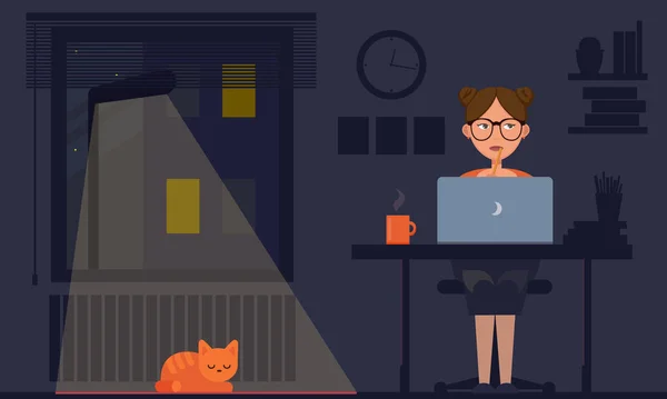 Geceleri çalışan serbest çalışan biri. Uzaktan kumanda. Genç bir kadın kedi ve dizüstü bilgisayarla odada oturuyor, internette ya da ağ kuruyor. Programcı, tasarımcı, evde çalışan bir yazar. Düz vektör illüstrasyonu.