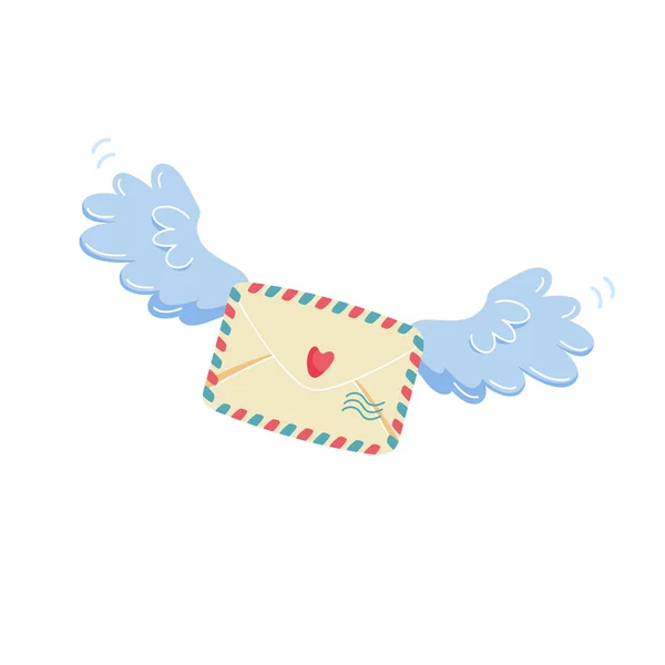Romantik posta konsepti. Üzerinde kalp damgası olan kapalı bir zarf mavi melek kanatlarıyla adresine uçuyor.. — Stok Vektör