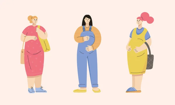 Grupp av gravida kvinnor klädda i avslappnad stad stil - klänning, övergripande, solklänning, sneakers, slip-ons, mulor. — Stock vektor