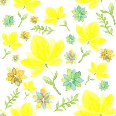 Sarı bahar çiçekleri suluboya geometrik dikişsiz desen