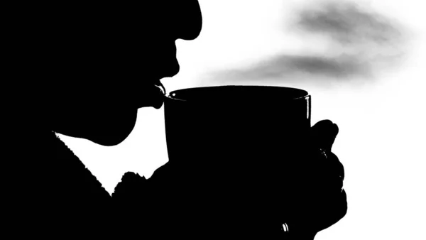 Black Silhouette Girl White Background Who Drinking Hot Drink Mug — Stock Photo, Image