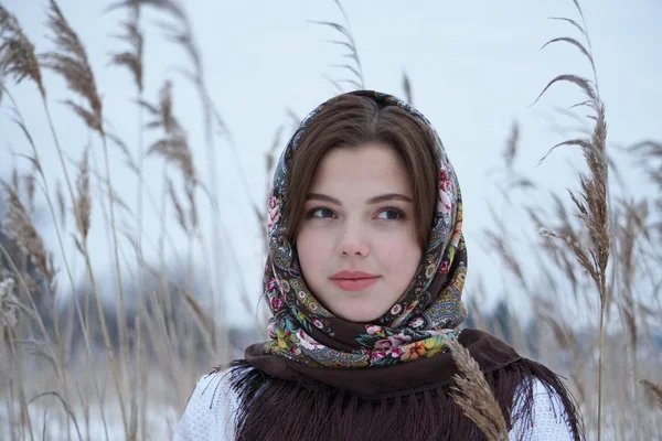 Portrait Girl White Sweater Openwork Shawl Background Nature — Stock Photo, Image