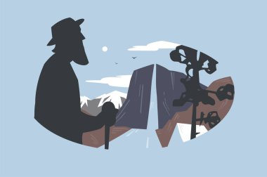 Vintage logo yaşlı ve dağ manzarası. Yaşlı peyzaj, dağlar ve nehir düz grafik vintage resmini.