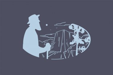 Vintage logo yaşlı ve dağ manzarası. Yaşlı peyzaj, dağlar ve nehir düz grafik vintage resmini.