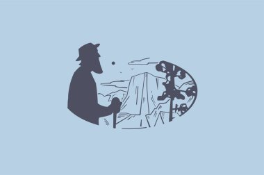 Vintage logo yaşlı ve dağ manzarası. Yaşlı peyzaj, dağlar ve nehir düz grafik vintage resmini.