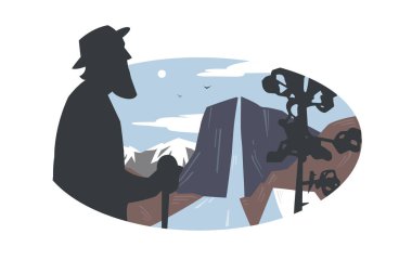 Vintage logo yaşlı ve dağ manzarası. Yaşlı peyzaj, dağlar ve nehir düz grafik vintage resmini.