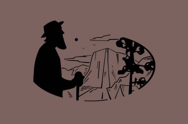 Vintage logo yaşlı ve dağ manzarası. Yaşlı peyzaj, dağlar ve nehir düz grafik vintage resmini.