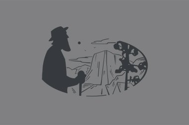 Vintage logo yaşlı ve dağ manzarası. Yaşlı peyzaj, dağlar ve nehir düz grafik vintage resmini.