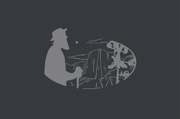 Винтажный Логотип Старейшины Горный Пейзаж Плоская Графическая Винтажная Иллюстрация Старца — стоковый вектор