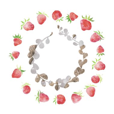 Suluboya çilek, çelenk, kırsal Restoran afiş arka plan ile doğal suluboya sıçrama boyama doku düğün rustik çerçeveli. Düğün kartı, tebrik kartları, hipster etiket oluşturma.