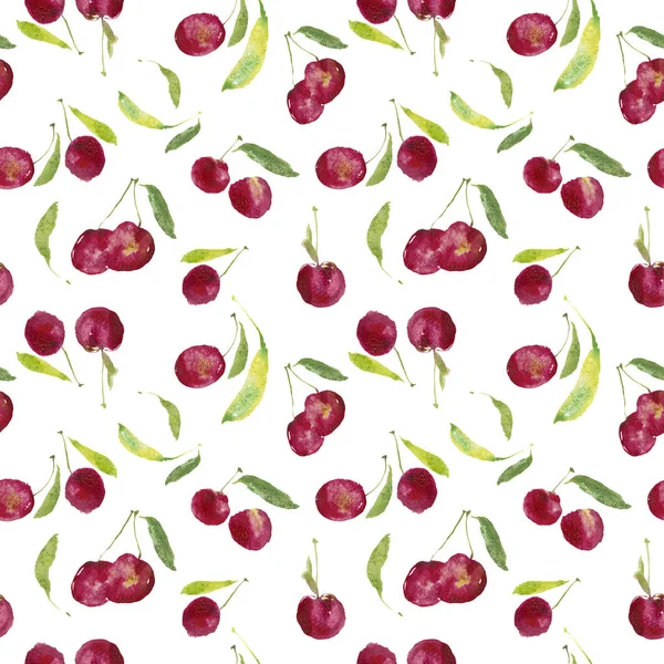 无缝樱桃图案 成熟的葡萄酒彩色水彩樱桃 樱桃图案与天然水彩插图和工艺标签设计艺术 明亮的素食横幅 果汁酒吧 — 图库照片