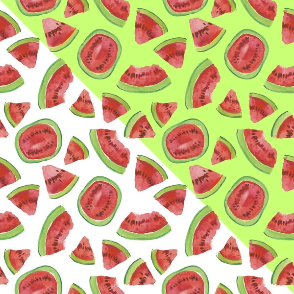 Trendy fruit pattern. Artistic Watermelon background. Watercolor watermelon seamless pattern. Hand painted texture with summer fruit on white background. Healthy food wallpaper design, juice label.