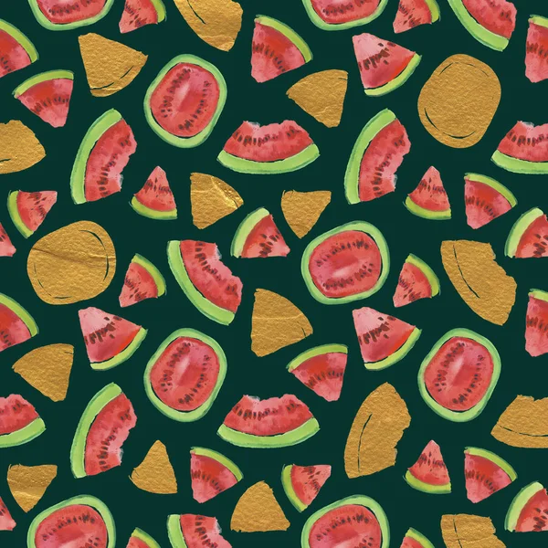 Trendy fruit pattern. Artistic Watermelon background. Watercolor watermelon seamless pattern. Hand painted texture with summer fruit on white background. Healthy food wallpaper design, juice label.