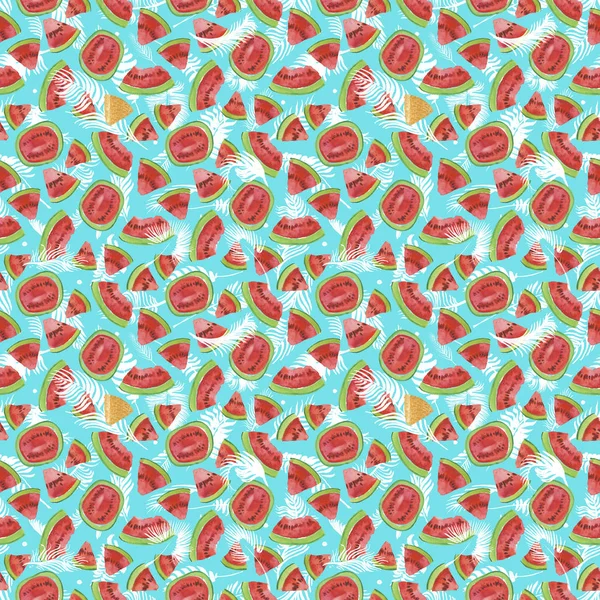 时髦的水果图案 艺术性的西瓜背景 水彩西瓜无缝图案 手绘纹理与夏季水果在白色背景 健康食品壁纸设计 果汁标签 — 图库照片