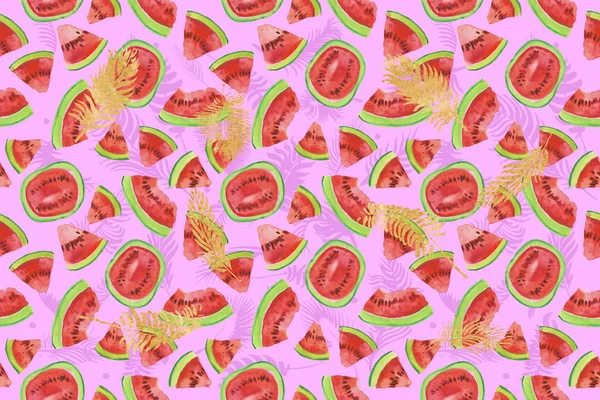 Trendy fruit pattern. Artistic Watermelon background. Watercolor watermelon seamless pattern. Hand painted texture with summer fruit on white background. Healthy food wallpaper design, juice label.