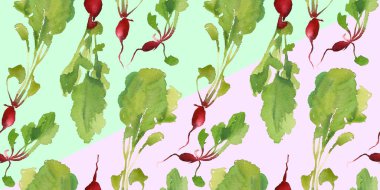 Sebze Bahçe afiş ile doğal biyo turp seamless modeli iskonto, satış. Taze sebze. Bahçe Organik bitki karikatür düz suluboya tarzı. Vejetaryen konsept tasarımı. Şablon çiftlik etiket arka plan.