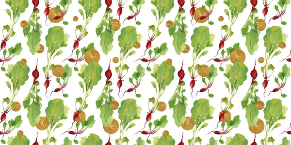 Vegetable garden banner with natural bio radish seamless pattern  for discount, sale. Fresh vegetable. Garden organic plant in cartoon flat watercolor style. Vegetarian concept design. Template farm label background.