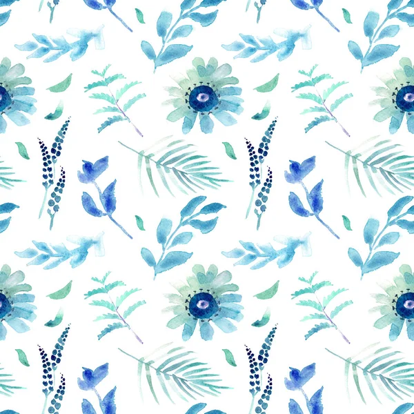 Primavera Flores Sem Costura Azul Botânico Pattern Fresh Primavera Aquarela — Fotografia de Stock