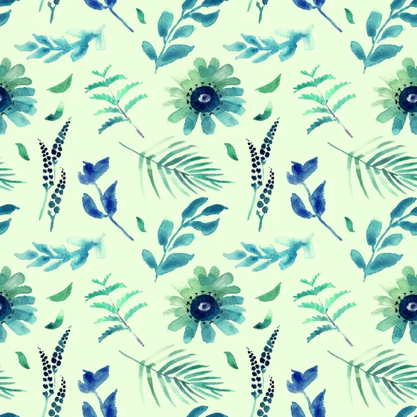 春天的花朵无缝的蓝色植物图案 新鲜春天水彩花的无缝图案结婚贺卡 无缝模式背景的网站和移动应用程序和有机食品标志和横幅 — 图库照片