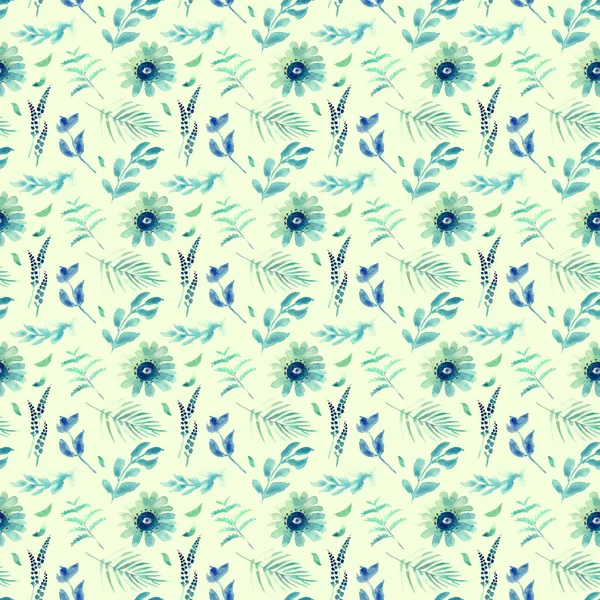 Tavaszi Virágok Zökkenőmentes Kék Botanikai Minta Friss Tavaszi Akvarell Virágos — Stock Fotó