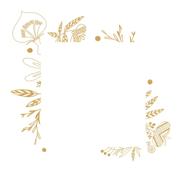 テキスト用のコピースペース付きの結婚式招待フラワーフレーム 白に隔離された伝統的なチェコの民俗芸術の装飾が施された金の花のフレーム 白い背景に花やハーブのガーランド 手描き自然画 — ストック写真