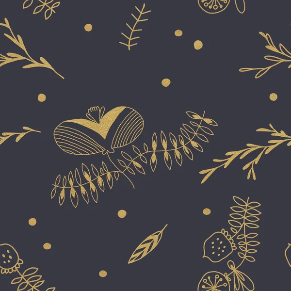 Goldene Blumen Nahtloses Muster Auf Trendigem Dunklem Kohle Hintergrund Mit — Stockfoto