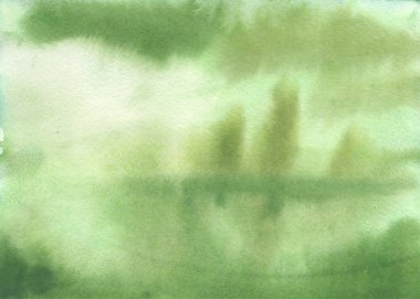 Doğal kağıt dokusuyla suluboya eko arka plan, elle boyanmış suluboya lekeler ve çevre yeşili renk. Sihirli orman, manzara silueti ve sisi olan sanatsal tasarım elementi.