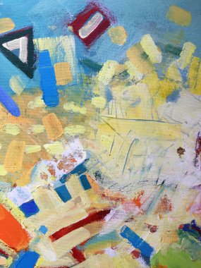 Canlı yağlı boya tablo. Çok renkli soyut sanat geçmişi. Renk dokusu. Sanat eserinin bir parçası. Boya damlaları. Fırça darbeleri. Çağdaş sanat. Modern sanatçı. Renkli yatay tuval.