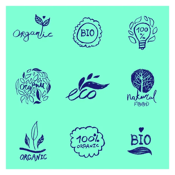 Organikus Élelmiszerek Címkéi Természetes Egészséges Friss Étrend Termékek Ikonok Zöld — Stock Vector