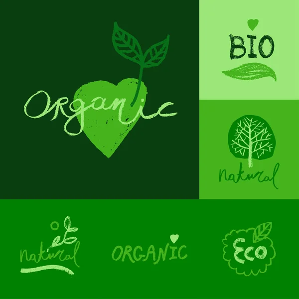 Organic Food Labels Natural Healthy Fresh Diet Products Icons Green — Stock Vector