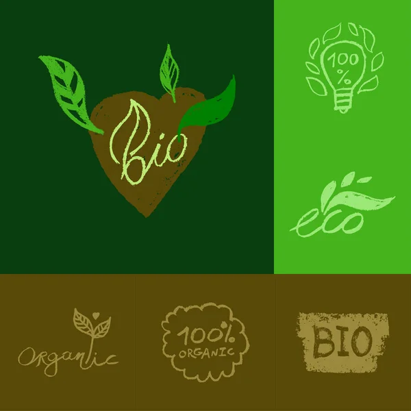 Organic Food Labels Natural Healthy Fresh Diet Products Icons Green — 스톡 벡터