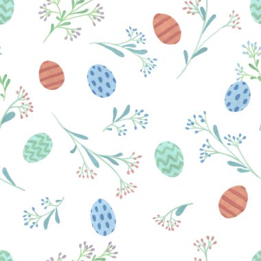 Paskalya yumurtaları pürüzsüz. Beyaz arka planda Paskalya bayrağı. Paschal tavşanı. Tatillerde bitkisel dekorasyon. Paskalya kutlaması kızaran çiçekler. Hediye paketi duvar kağıdı. Çiçek açan bahar dekoratif çiçek sanatı.