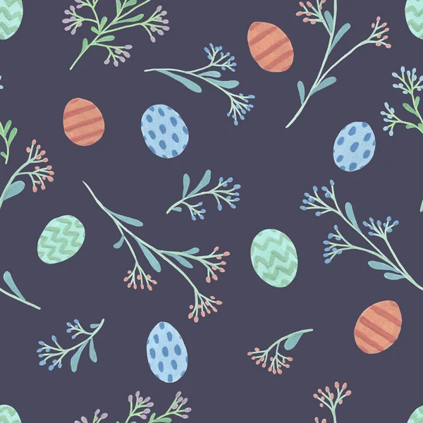 花和涂鸦叶漂亮地印着东方兔子 复活节庆典彩绘印刷在纸或礼品包装和墙纸上 复活节彩蛋无缝图案对比 — 图库照片