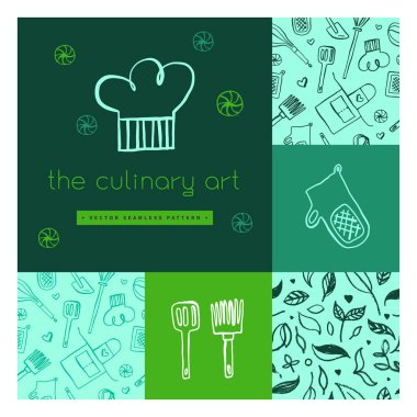 Restoran logosu tasarımı için el çizimi mürekkep resimleriyle gastronomi arka planı, yiyecek etiketi tasarımı. Yemek kursunun afişi ve kursları. Mutfak aletleri deseni. Pastanenin arka plan çizimi. Fırın ambalajı için vektör şablonları.