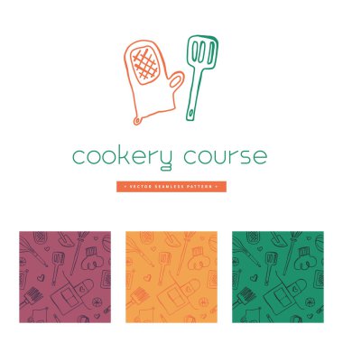 Restoran logosu tasarımı için el çizimi mürekkep resimleriyle gastronomi arka planı, yiyecek etiketi tasarımı. Yemek kursunun afişi ve kursları. Mutfak aletleri deseni. Pastanenin arka plan çizimi. Fırın ambalajı için vektör şablonları.