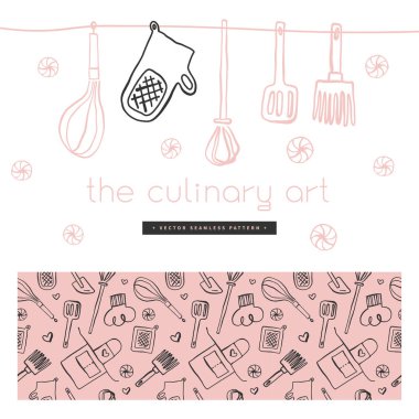 Restoran logosu tasarımı için el çizimi mürekkep resimleriyle gastronomi arka planı, yiyecek etiketi tasarımı. Yemek kursunun afişi ve kursları. Mutfak aletleri deseni. Pastanenin arka plan çizimi. Fırın ambalajı için vektör şablonları.