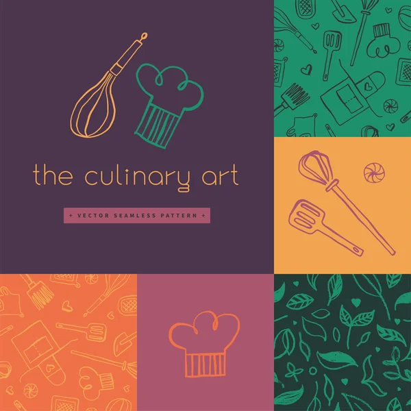 Restoran logosu tasarımı için el çizimi mürekkep resimleriyle gastronomi arka planı, yiyecek etiketi tasarımı. Yemek kursunun afişi ve kursları. Mutfak aletleri deseni. Pastanenin arka plan çizimi. Fırın ambalajı için vektör şablonları.