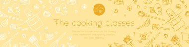 Homemade cooking banner with hand drawn vector illustrations. Cooking courses banner. Cooking utensils vector. Vector templates of healthy food banner. Home cooking pattern.