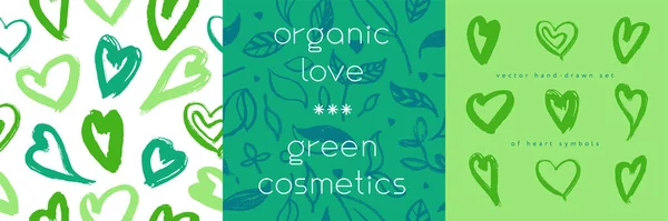 Green cosmetic pattern, eco cosmetics concept for bio cosmetics banner. Vector icons of heart. Eco-friendly seamless background. Natural pattern and logo for beauty care products. Label tag template.