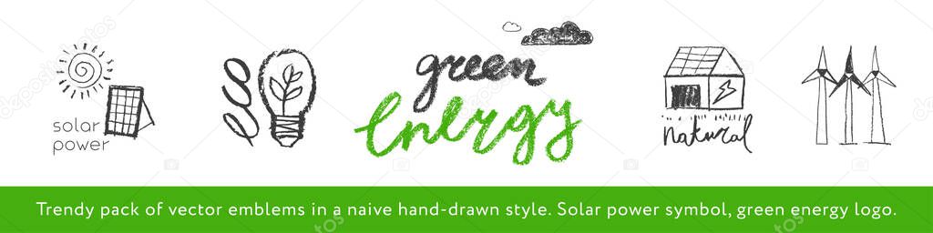 Green energy emblem in hand-drawing naive style. Vector illustration of wind turbines and solar power farms. Renewable energy concept. Alternative energy logo. Global warming.