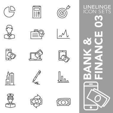 Bankacılık, finans ve ekonomi 03 prim vuruş simgesi kümesi. Linelinge, modern anahat sembol koleksiyonu
