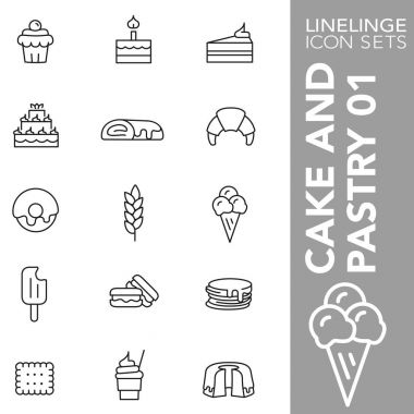 Pasta Prim vuruş simgesi seti, tatlılar, gıda, pasta 01. Linelinge, modern anahat sembol koleksiyonu