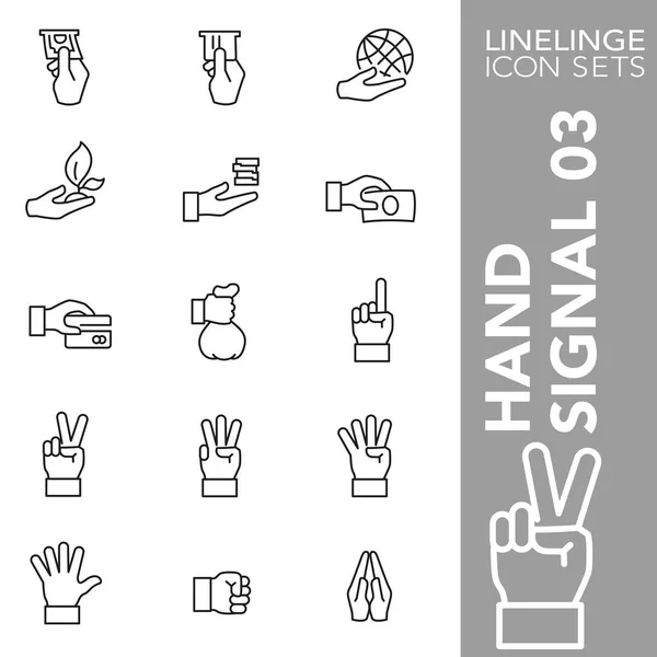 Premium lijn pictogram set hand gebaar, vinger teken en hand signalen 04. Linelinge, moderne outline Symbol collectie — Stockvector