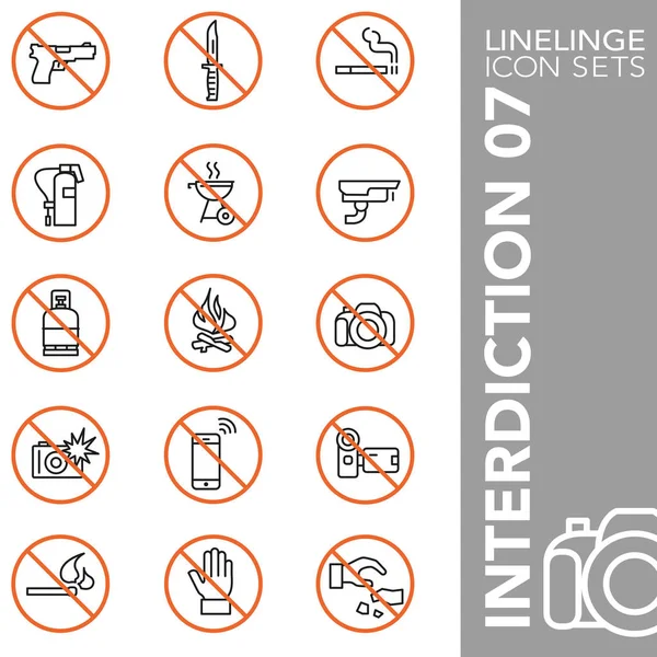 Premium stroke icon set of facilities, prohibitions, interdiction, danger symbols and hazardous sign 07. Linelinge, modern outline symbol collection — Stock Vector