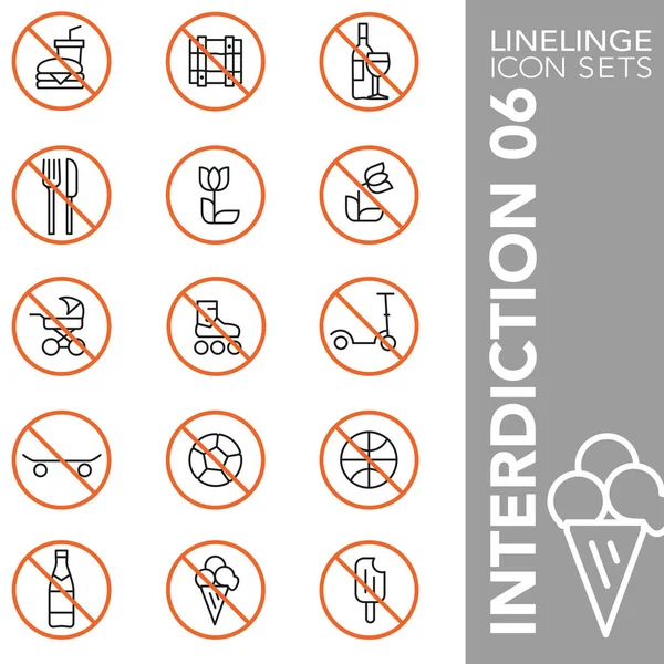 Premium slag pictogram set van faciliteiten, verbodsbepalingen, onderlinge dictie, gevaarsymbolen en gevaarlijk teken 05. Linelinge, moderne outline Symbol collectie — Stockvector