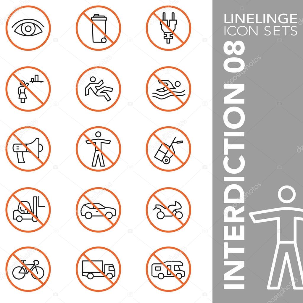 Premium stroke icon set of facilities, prohibitions, interdiction, danger symbols and hazardous sign 08. Linelinge, modern outline symbol collection
